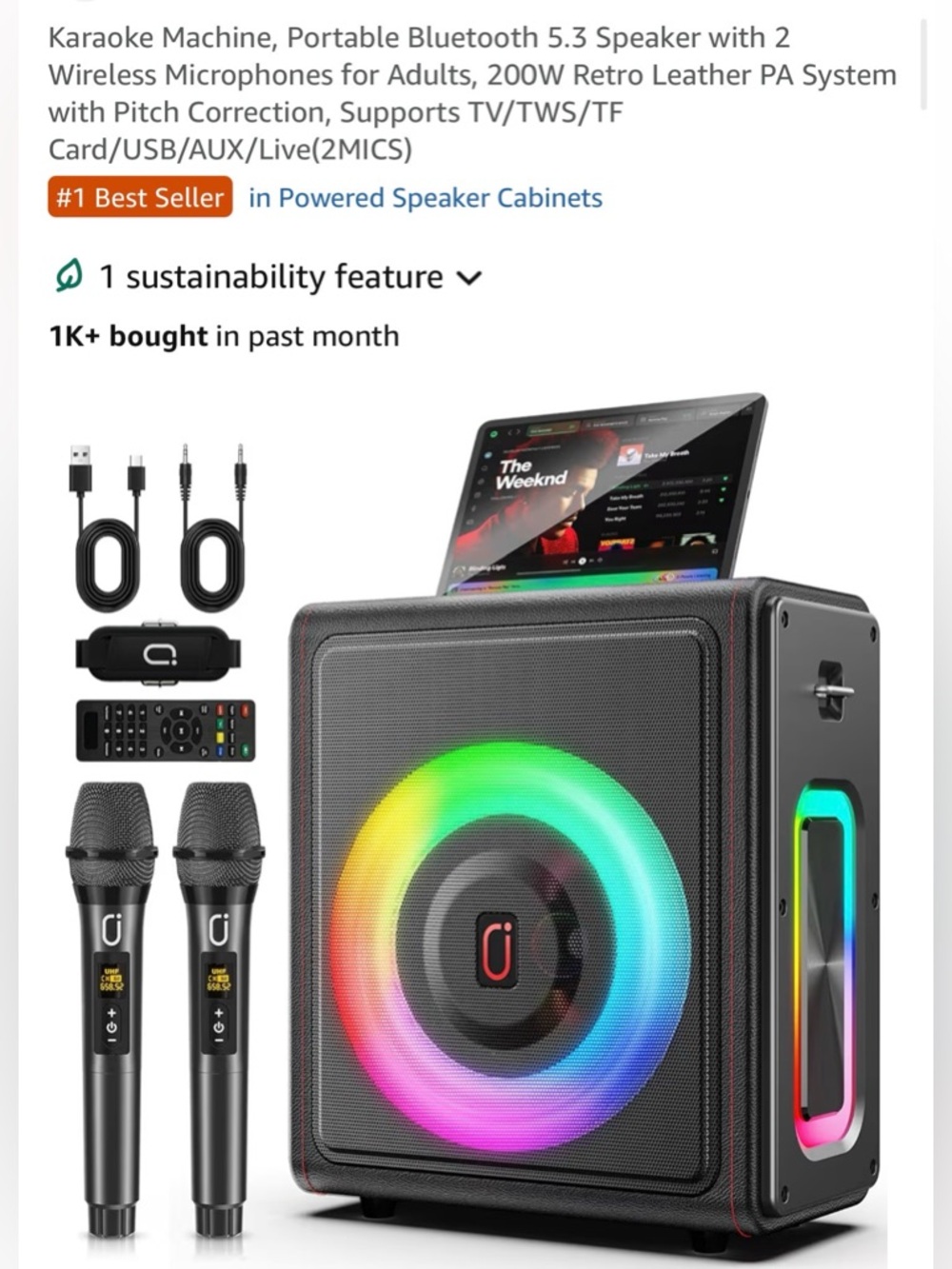 Portable Bluetooth Speaker with RGB Light Ring and Wireless Microphone MS75